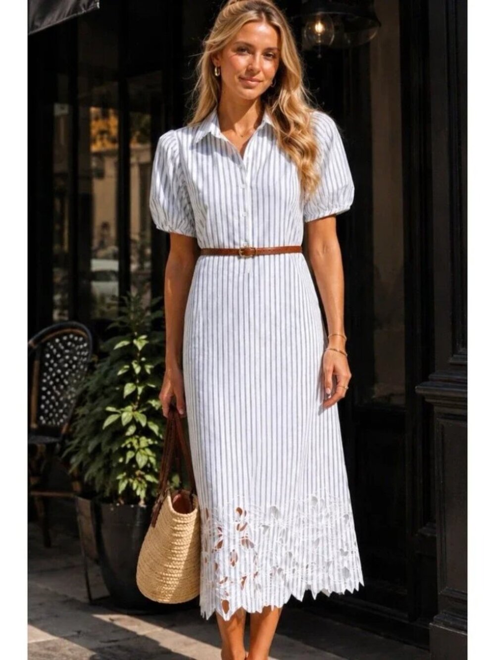 J. Crew Leighton White/Blue Striped Poplin Short Sleeve Midi Dress 6 NWT - Picture 2 of 7